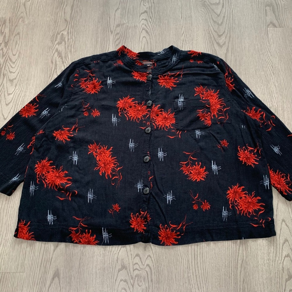 Floral Button Down Blouse Black/Red Band Collar 3/4 Sleeve Womens 3X Dark Boho